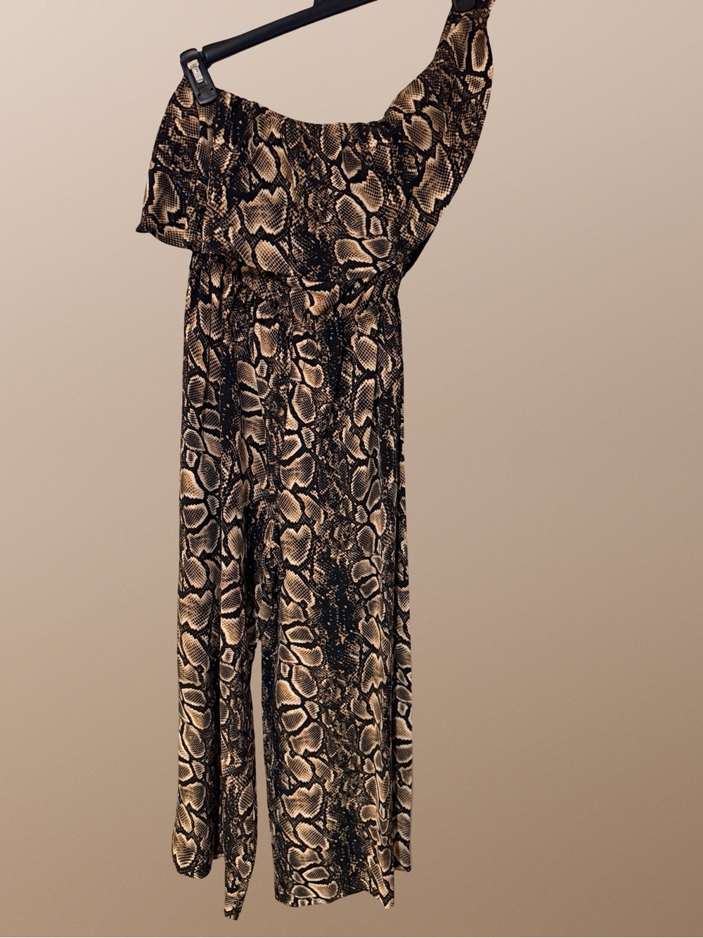 One-Shoulder Snake Print Maxi Jumpsuy- Brown/Black